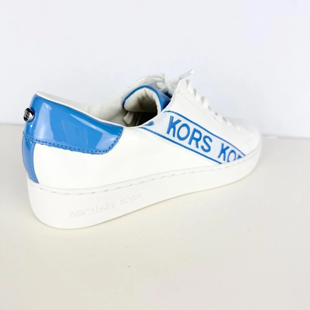 Michael Kors Women's KORS Print Side Faux Leather White Blue Sneakers Sz 7M NWOT